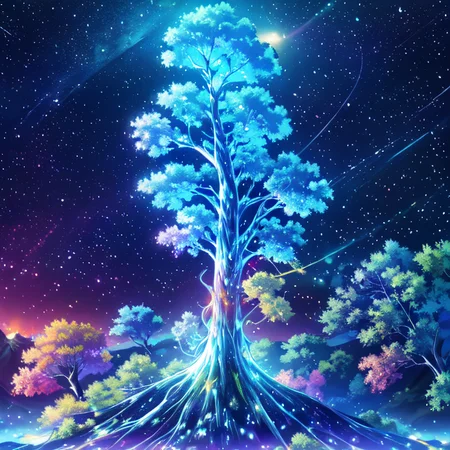 anime, ah1, best quality, amazing quality, best aesthetic, absurdres, illustration, Volumetric_Lighting, ultra-detailed, very aesthetic, intricate details, 8k, masterpiece, best_quality, Stable_Yogis_PDXL_Positives, <lora:TREE:0.6> (((bioluminescence, glowing tree, magic forest))), <lora:Vibrance:0.6>, <lora:colorful_mix_0.1:0.6> colorfulmix, multicolored, <lora:colorfixSD1:0.6>, <lora:ambiance:0.6>, <lora:20240526-1716718108429:0.6> fluorescence, space, stars, trees sprouting,
