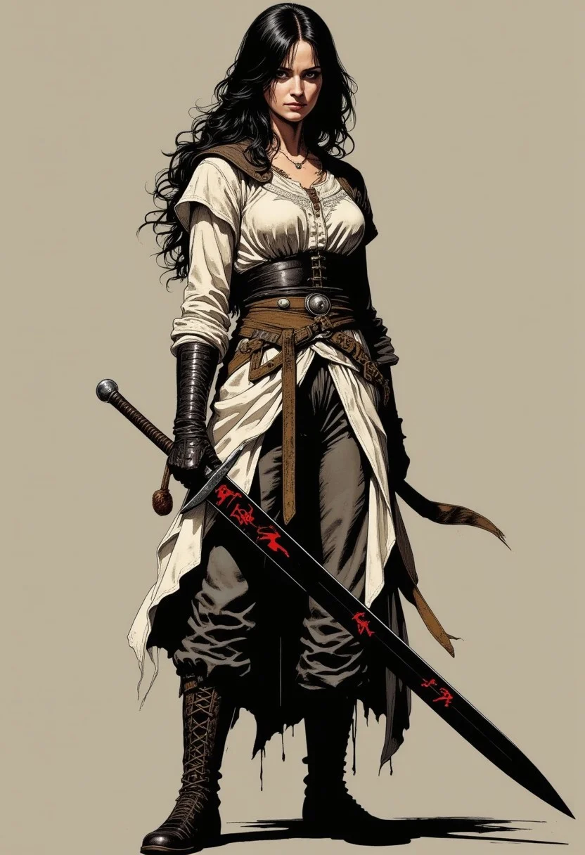Vector Style Graphics, a woman in loose fitting tunic and laced leather pants, holding a thin black fencing sword with red runes, v3ctora style