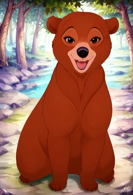 Bear, cartoon, female, Nita, Disney, 2d, detailed forest background, bipedal, full body, <lora:J_cartoon:0.7>, j_cartoon, <lora:MeekoXL:0.9>, Disney, score_9, score_8_up, score_8, solo, (feral), detailed fur, ((happy expression)), ((looking at viewer seductively:1.6)), breathtaking, environmental lighting, professional, highly detailed, ((detailed shaders)), beautiful, high quality, night-time, outdoors, dark forest, <lora:Furtastic_Detailer:1>