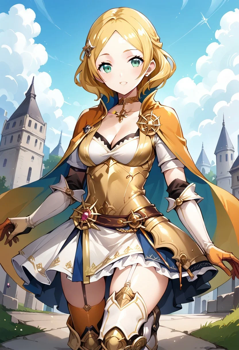 score_9, score_8_up, score_7_up, masterpiece, high quality, source_anime, 1girl, solo, sky,
lianna, green eyes, blonde hair, medium hair,
orange cape, choker, armored dress, armor, cleavage, single orange glove, asymmetrical legwear