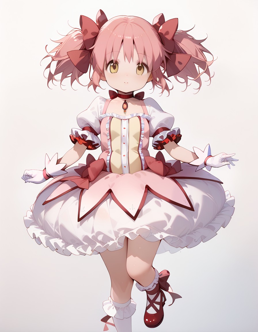 (score_9,score_8_up,score_7_up),<lora:homura and madoka:1>,, (mahou_shoujo_madoka,kaname madoka,pink hair,twintails,short twintails,hair ribbon,red ribbon,hair bow,ribbon,yellow eyes),(magical girl,choker,ribbon choker,red choker,soul gem,gloves,white gloves,puffy sleeves,puffy short sleeves,short sleeves,bow,skirt,bubble skirt,frilled skirt,dress,white skirt,frills),(white socks,frilled sleeves,frilled socks,socks,ankle ribbon,leg ribbon),red footwear,, 1girl, perfectly flat chest, tiny perky tits