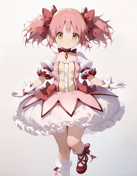 (score_9,score_8_up,score_7_up),<lora:homura and madoka:1>,, (mahou_shoujo_madoka,kaname madoka,pink hair,twintails,short twintails,hair ribbon,red ribbon,hair bow,ribbon,yellow eyes),(magical girl,choker,ribbon choker,red choker,soul gem,gloves,white gloves,puffy sleeves,puffy short sleeves,short sleeves,bow,skirt,bubble skirt,frilled skirt,dress,white skirt,frills),(white socks,frilled sleeves,frilled socks,socks,ankle ribbon,leg ribbon),red footwear,, 1girl, perfectly flat chest, tiny perky tits