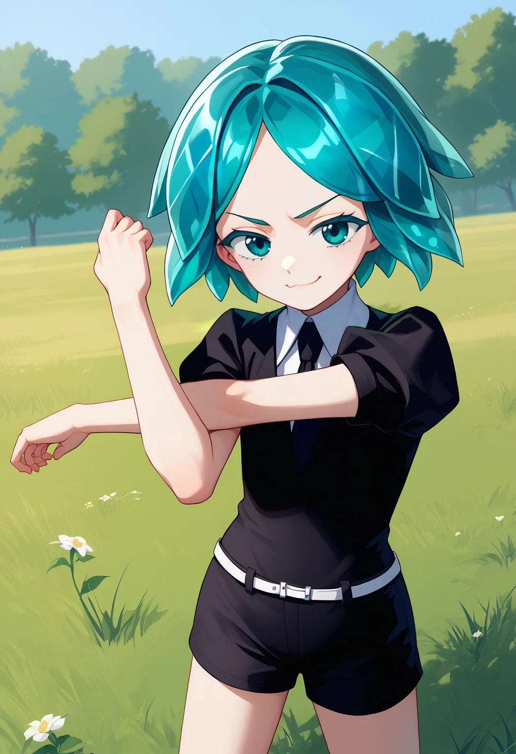 score_9, score_8_up, score_7_up, source_anime, <break> cross-body stretch, stretching, solo, 1other, phos, white skin, smug, looking at you, standing, aqua eyes, aqua hair, short hair, crystal hair, black shirt, puffy short sleeves, collared shirt, black necktie, white belt, black shorts, outdoors, grass
<segment:yolo-face_yolov8m.pt,0.4,0.5//cid=1>