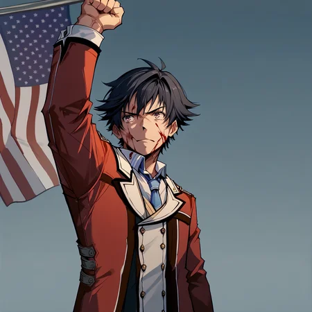 score_9, score_7_up, BREAK,
<lora:rean-pdxl-nvwls-v1:1>, sen1rean, black hair, school uniform, red blazer, necktie, black pants,
<lora:assassinationattemptv1:1>, assassinationattempt, american flag, flag, 1boy, blue sky, arm up, clenched hand, blood on face, solo, pole,