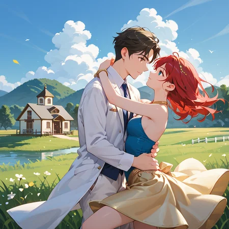 score_9, score_8_up, score_7_up, ballroom dancing, woman, man, breathtaking farm fields background, grass, cottage, river, sunny, from side BREAK score_9, score_8_up, score_7_up, woman, blue blouse with pocket, buttons, short blonde hair, blue eyes, from side, ballroom dancing BREAK score_9, score_8_up, score_7_up, man, long red hair, brown eyes, white coat, tie, from side, ballroom dancing <lora:ballroom_dancing_pony_noreg_01:0.8>