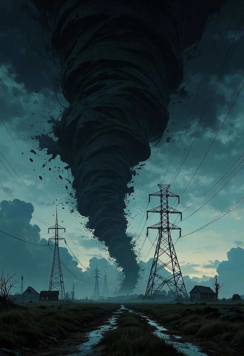 Farm land view, A electric transfer towers , Masterpiece, buffed, stoic, by Studio Ghibli,Holy lighting, Platinum hue, highly dramatic lighting, retro artstyle, comic artstyle, highly detailed, hyperrealistic, 8K UHD, Cinema Quality Still Shot, best quality, atmospheric,
Scenary : (cinematic realism, hyper-detailed, stormy atmosphere) A colossal swirling tornado spirals violently, its wide and huge blackened vortex tearing through a fractured landscape under a twilight sky. black light illuminates the storm clouds, debris swirling in chaotic motion, as the camera captures the towering wide funnel from a low-angle perspective, emphasizing its overwhelming scale and destructive force. ((grainy photo))