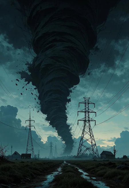 Farm land view, A electric transfer towers  ,  Masterpiece, buffed, stoic, by Studio Ghibli,Holy lighting, Platinum hue, highly dramatic lighting, retro artstyle, comic artstyle, highly detailed, hyperrealistic, 8K UHD, Cinema Quality Still Shot, best quality, atmospheric,
Scenary : (cinematic realism, hyper-detailed, stormy atmosphere) A colossal swirling tornado spirals violently, its wide and huge blackened vortex tearing through a fractured landscape under a twilight sky. black light illuminates the storm clouds, debris swirling in chaotic motion, as the camera captures the towering wide funnel from a low-angle perspective, emphasizing its overwhelming scale and destructive force. ((grainy photo))