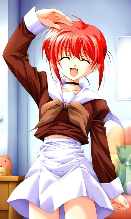 general,highres, ultra-detailed,very aesthetic,best quality ,best hands, BREAK <lora:Hiroba_Mahiru_Negapoji_Ver2.0_IS:1>
Hiroba_Mahiru(Negapoji), 1boy, solo, red hair, closed eyes, short hair, ahoge, bangs, black choker,
open mouth, long sleeve, white skirt, brown sleeve, smile, brown ribbon, cowboy_Shot,
:d, arm up,
indoor, room,