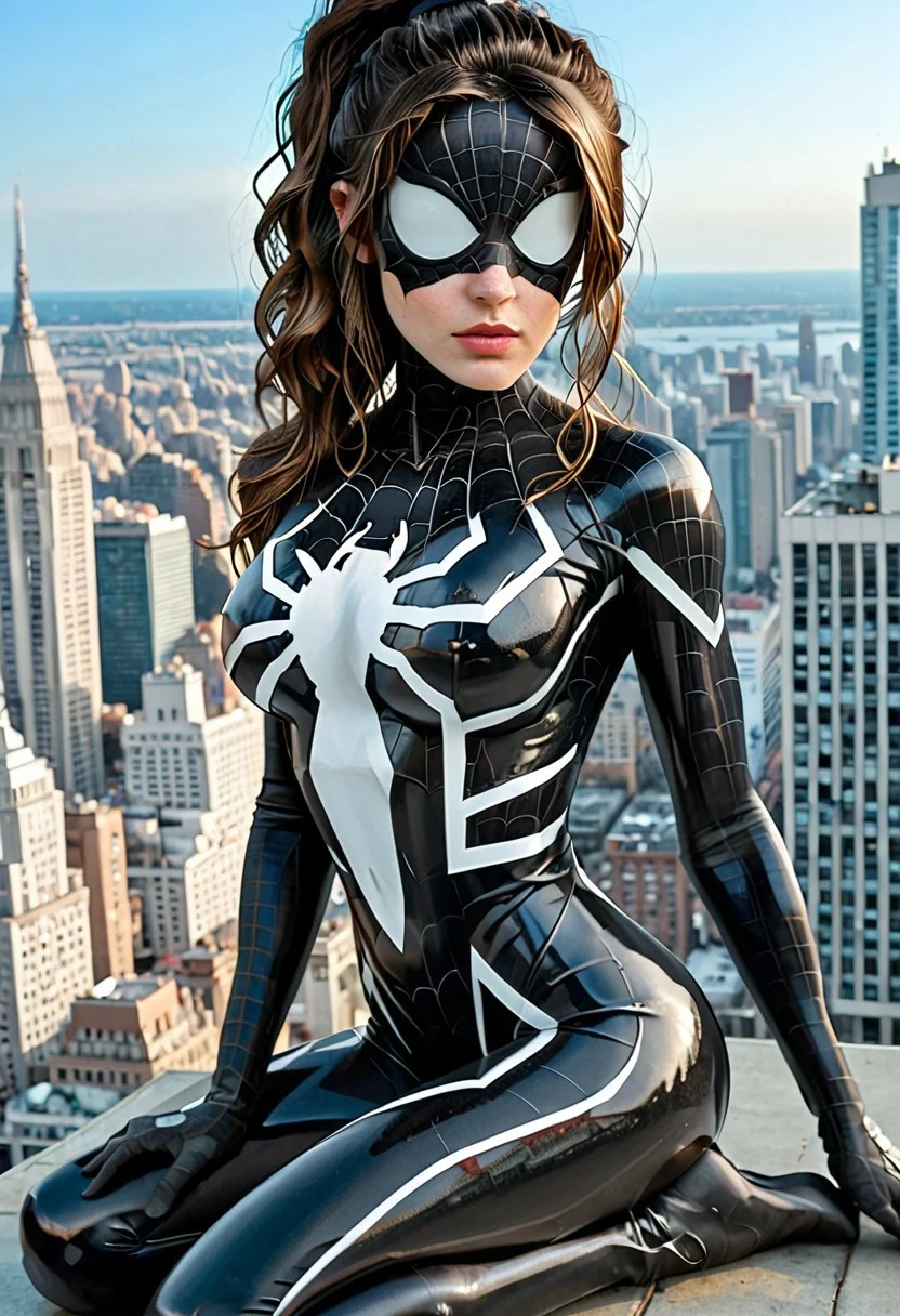 score_9, , detailed, intimate, clear, personal, spidergirl, super hero outfit, highly contrasted, excellent composition, extremely detailed eyes, advanced cinematic perfect light, highly color focused, deep blue eyes, dynamic, sensual, elegant, erotic, softbox lighting, visually stunning, intimate, alluring, sexy bathingsuit costume, black intricate rubber harness, confident, bold, latexbra, daring, sophisticated., ( large breasts:1.2), slender figure, 4 inch waist, slender, blonde straight r hair, full body shot, full figure spiderman logo, hard nipples, side boobs, spiderman pose, imtdanyasg, bodysuit, mask, brown hair, superhero, ponytail, long hair, visible eyes, medium breast, skin tight, fit body, new York skyline background from on top of a skyscraper