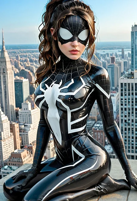 score_9, , detailed, intimate, clear, personal, spidergirl, super hero outfit, highly contrasted, excellent composition, extremely detailed eyes, advanced cinematic perfect light, highly color focused, deep blue eyes, dynamic, sensual, elegant, erotic, softbox lighting, visually stunning, intimate, alluring, sexy bathingsuit costume, black intricate rubber harness, confident, bold, latexbra, daring, sophisticated., ( large breasts:1.2),  slender figure, 4 inch waist, slender, blonde straight r hair, full body shot, full figure spiderman logo,  hard nipples, side boobs, spiderman pose, imtdanyasg, bodysuit, mask, brown hair, superhero, ponytail, long hair, visible eyes,  medium breast, skin tight, fit body, new York skyline background from on top of a skyscraper