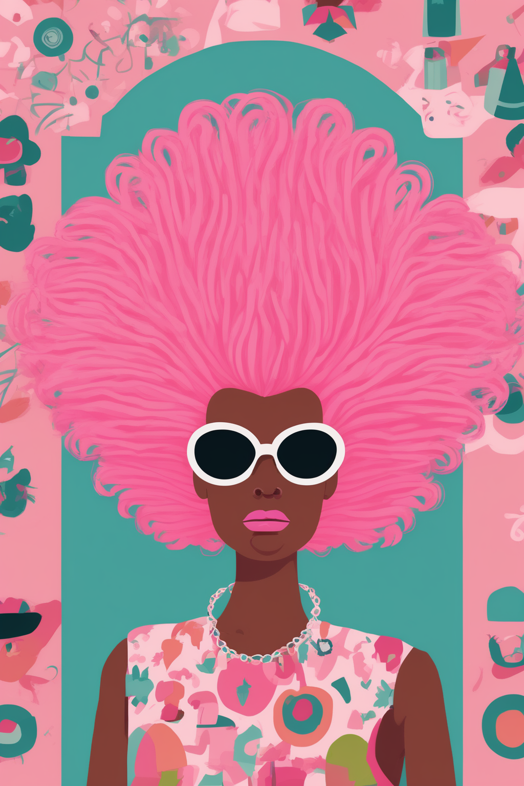 Josh Agle Style - a giving wearing an enormous pink bouffant wig. Patterns. In the style of Josh Agle.