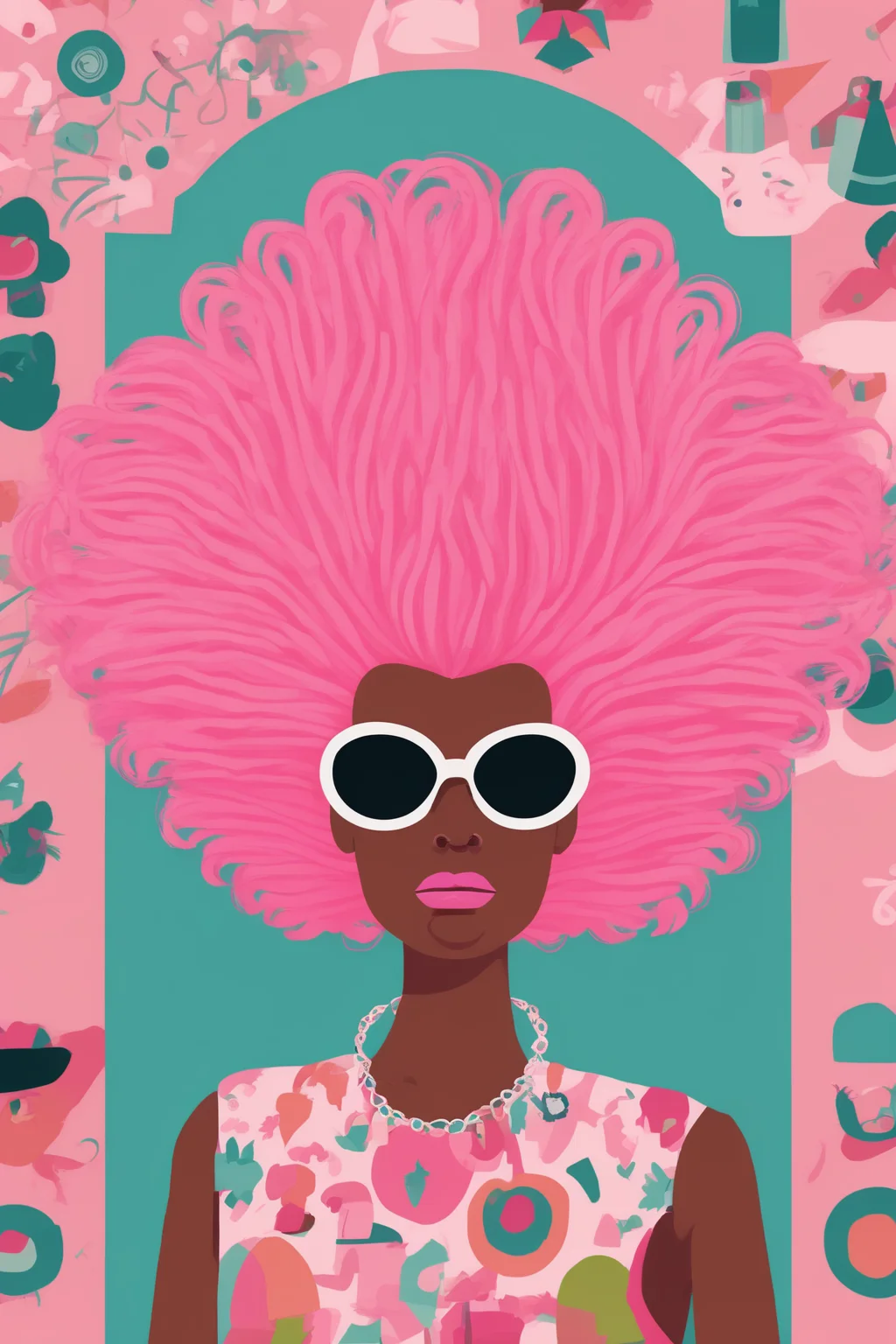 Josh Agle Style - a giving wearing an enormous pink bouffant wig. Patterns. In the style of Josh Agle.