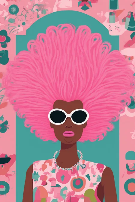 Josh Agle Style - a giving wearing an enormous pink bouffant wig. Patterns. In the style of Josh Agle.