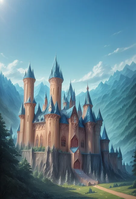 Forest in the background, castle in the mountains, Osaka Castle, scenery, outdoors, building, sky, tree, day, blue sky, real world location, a castle made of bones, easynegative, OverallDetail, castle, dark, chiaroscuro, low-key, DarkFantasy