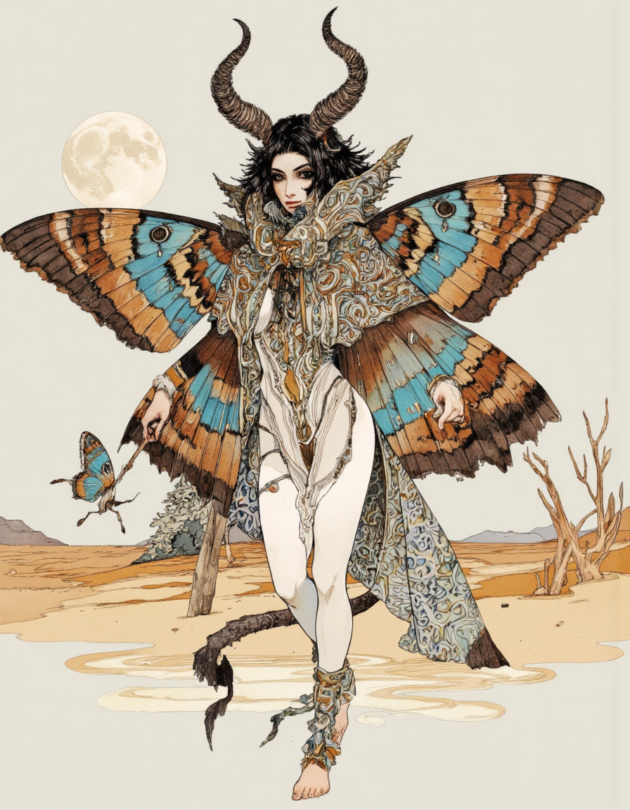 Art by Akiya Kageichi. A digital illustration shoot from a frontal camera angle about a fantastical creature with large wings and intricate patterns, standing in a desert-like environment with a full moon in the background. the image also shows intricate patterns on the wings and clothing. on the middle of the image, a woman, who appears to be in her mid-twenties, is standing with her full body facing the viewer. she has a slim body, black hair styled in a long, flowing dress with intricate patterns. her eyes are large and black, and she has two large, curved horns on her head. she is wearing a white dress with a blue and brown patterned cape, and her feet are bare. the woman has a blue butterfly perched on her tail. the background is a simple, light beige color, and the image has a soft, ethereal quality to it.