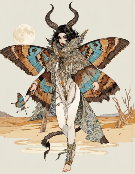 Art by Akiya Kageichi. A digital illustration shoot from a frontal camera angle about a fantastical creature with large wings and intricate patterns, standing in a desert-like environment with a full moon in the background. the image also shows intricate patterns on the wings and clothing. on the middle of the image, a woman, who appears to be in her mid-twenties, is standing with her full body facing the viewer. she has a slim body, black hair styled in a long, flowing dress with intricate patterns. her eyes are large and black, and she has two large, curved horns on her head. she is wearing a white dress with a blue and brown patterned cape, and her feet are bare. the woman has a blue butterfly perched on her tail. the background is a simple, light beige color, and the image has a soft, ethereal quality to it.