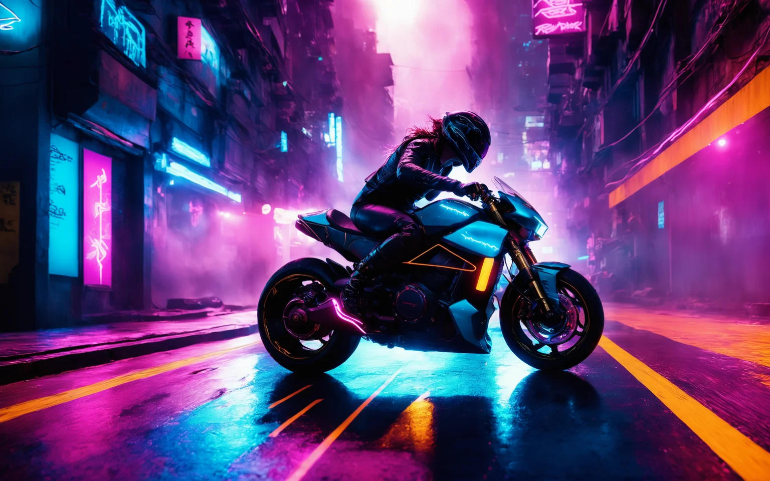 a cyan scifi futuristic concept motorcycle, (TRON rider:1), curvy and aerodynamic, Kowloon walled city narrow winding alleyway, light speed, flash, heavy rain, motion trail, a shining star(sun) in the background, (speed lines:1.1), (motion blur:1.1), high contrast, deep focus, TRON, style by Ridley Scott, Cyberpunk 2077, Bladerunner, fog, mist, epic visual effects, arc lightning, underglow, interstellar, flow, detailed, scifi, extremely detailed textures, star blast, dark vibrant colors, cosmic art, stars in background, headlights, cinematic scene, lens flare, cinematic color grading, film still, god rays, glow, art of Doug Chiang and John Park glowneon, fuji cinestill, light leak, glowing, sparks, lightning, ultra detailed <lora:add-detail-xl:2>, dramatic lighting <lora:blacklight_makeup_v2:1> ultraviolet blacklight reactive paint, powerlines, catwalks, alleyway <lora:SDS_Contrast tool_XL:0.8> <lora:Halcyon Cyberpunk Style:0.85>