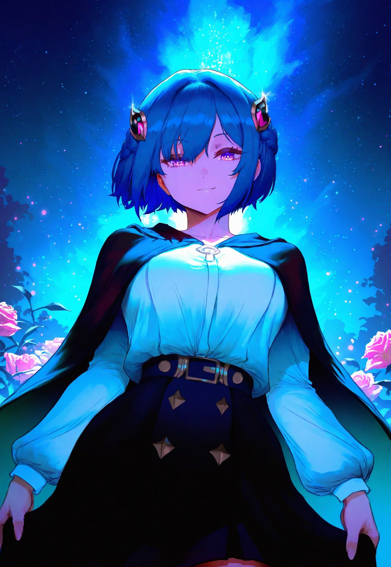 masterpiece, best quality, newest, absurdres, highres, Cutesexyrobutts, ((finely detailed beautiful eyes: 1.2)), (extremely detailed CG unity 8k wallpaper, masterpiece, best quality, ultra-detailed, best shadow), (detailed background), (beautiful detailed face, beautiful detailed eyes), High contrast, (best illumination, an extremely delicate and beautiful), ((extreme detailed)), vivid color, shiny, light particle, colorful, (intricate detailed), ambient light, beautiful lighting,dynamic angle, ultra-detailed, illustration, straight on,1girl, Metera, purple eyes, short hair, pink rose hair, braid, light smile,white shirt, black skirt, black cape, sort sleeves, hair ornament,(sparkling skyscrapers:1), (night:1.2), dreamy, soul, (fluorescence), (firefly:1.15), stars