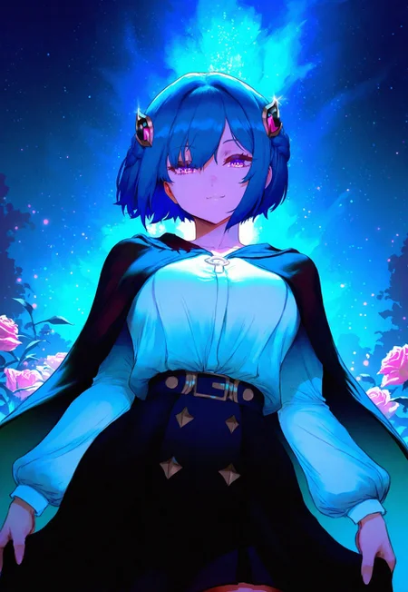 masterpiece, best quality, newest, absurdres, highres, Cutesexyrobutts, ((finely detailed beautiful eyes: 1.2)), (extremely detailed CG unity 8k wallpaper, masterpiece, best quality, ultra-detailed, best shadow), (detailed background), (beautiful detailed face, beautiful detailed eyes), High contrast, (best illumination, an extremely delicate and beautiful), ((extreme detailed)), vivid color, shiny, light particle, colorful, (intricate detailed), ambient light, beautiful lighting,dynamic angle, ultra-detailed, illustration, straight on,1girl, Metera, purple eyes, short hair, pink rose hair, braid, light smile,white shirt, black skirt, black cape, sort sleeves, hair ornament,(sparkling skyscrapers:1), (night:1.2), dreamy, soul, (fluorescence), (firefly:1.15), stars