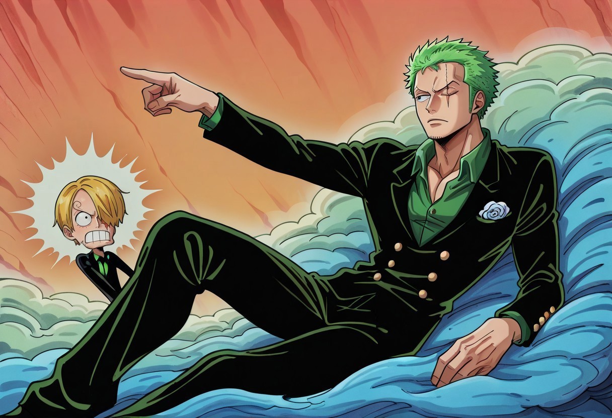 masterpiece, best quality, newest, absurdres, highres,  anime, anime style, CreationOfAdam-IL, 2boys, 1boy, Zoro /(one piece/), green hair, one closed eye, one eye open, scar over eye, 1boy, Sanji/(one piece/), blonde, blonde hair, yellow nectike, suit, formal clothes