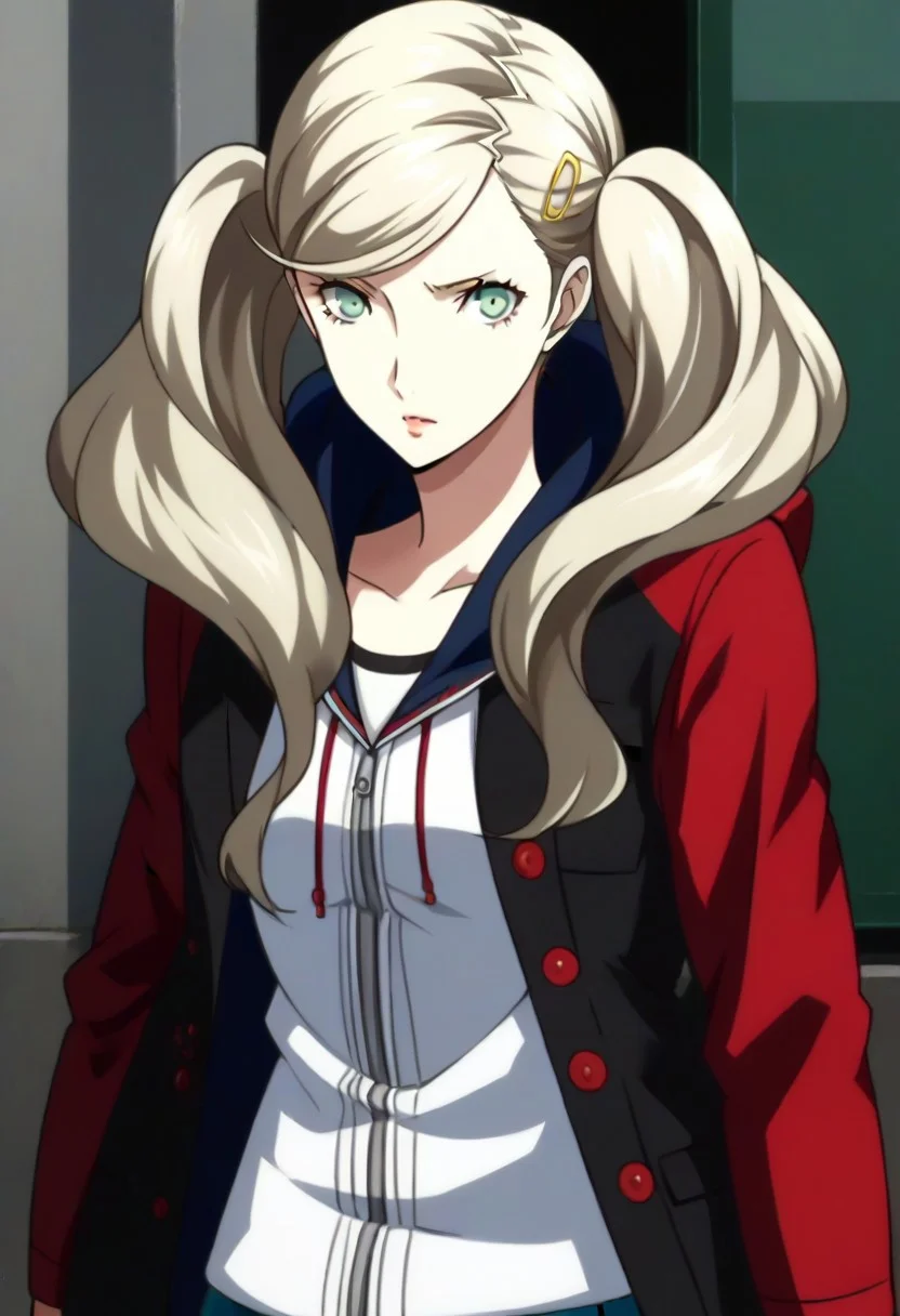 (source_anime), 1 girl, solo, nsfw, cute face, p5ann, twintails, long hair, takamaki anne, blonde hair, hairclip, skirt, uniform, jacket, open clothes, hairclip, hood, miniskirt, sweater, open jacket, black jacket, hoodie,hood down, white sweater, red pantyhose, hooded cardigan, uniform,
