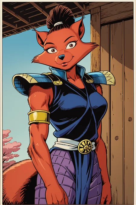 score_9, score_8_up,score_7_up, source_furry, 1girl, solo, NinTMTCom, retro, ninjara, furry female, fluffy tail, anthro, fox girl, topknot, short hair, armor, tail, furry, japanese armor, furry,  comic <lora:Ninjara_Mess_version:1> dark brown fur, dark skinned female,