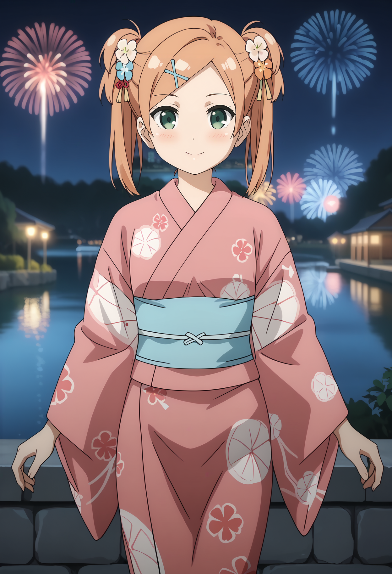 anime screencap,
<lora:OneRoom_NanahashiMinoriXL:0.9>,
1girl, solo, closed mouth, light smile, blush,
short twintails, orange hair, green eyes, x hair ornament, hair flower,
MinoriKimono, print kimono, pink kimono, blue sash, long sleeves,
cowboy shot, standing, looking at viewer,
dark, night, river, cityscape, fireworks, outdoors, blurry background