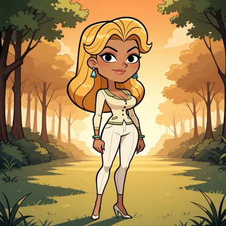 score_9, score_8, BREAK, solo, long blonde hair, black eyes, adult female, mature female, lips, earrings, dark skin, dark skin female, cleavage, white long sleeves, white pants, white heels, bracelets, breasts, total drama, KellyTD, sexy pose, self portrait, smile, looking at viewer, outdoors, sunlight, shadows, evening lighting, natural lighting, forest, trees, grass, orange sky, sunset