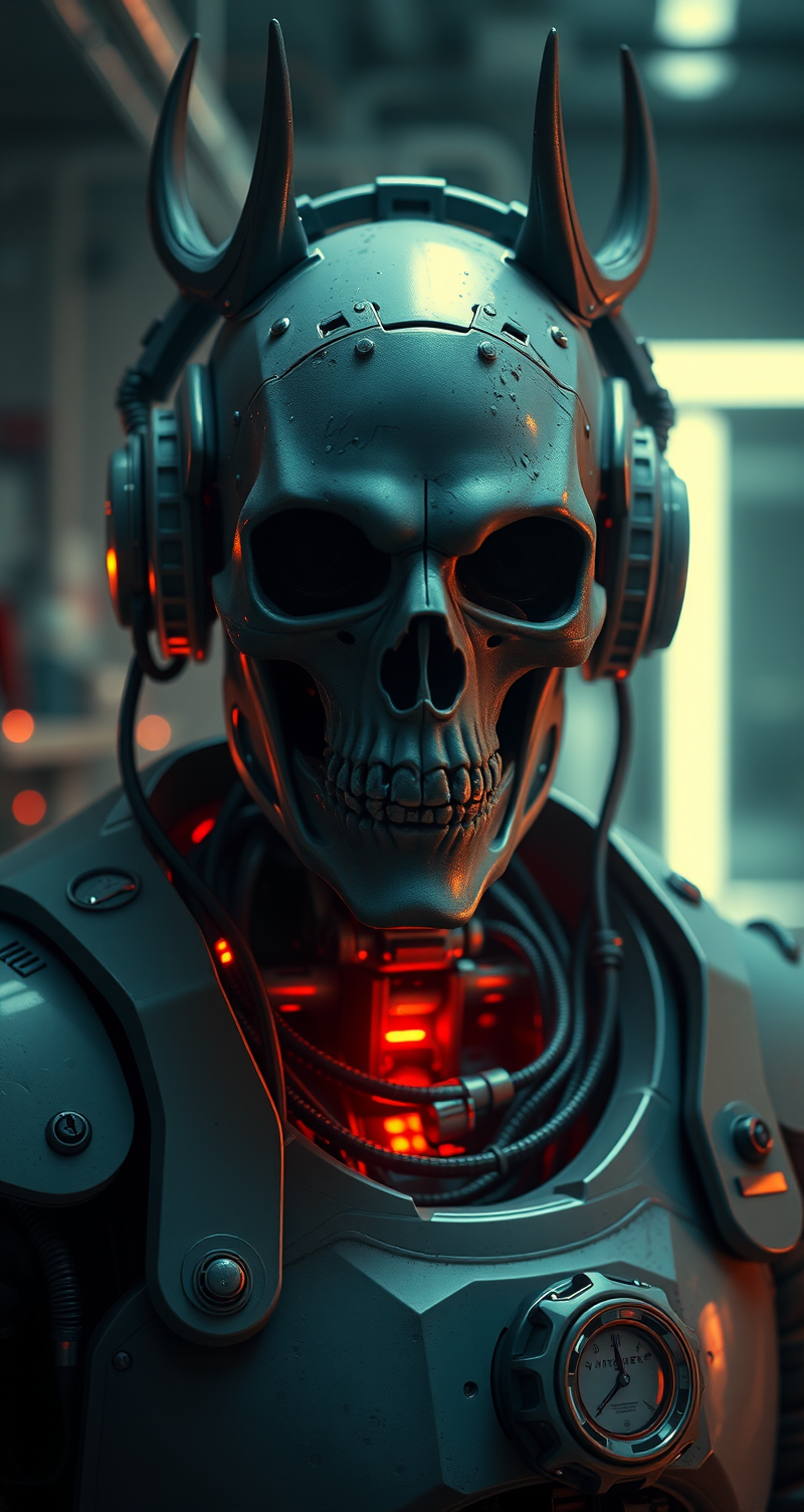 Cyberpunk, sci-fi, dark-fantasy, kodak portrait 400, 8k, soft light, volumetric lighting, highly detailed, britt marling style 3/4, portrait photo of a war man cyborg robot in a chemical laboratory + face, face is skullbone with scares, intricate, elegant, highly detailed, devil-armor, 2D motifs detailed dark fantasy digital painting, artstation, concept art, smooth, sharp focus, illustration, art by Otomo Katsuhiro and ShirA Masamune and Oshii Mamoru. Cosmic light in backfront