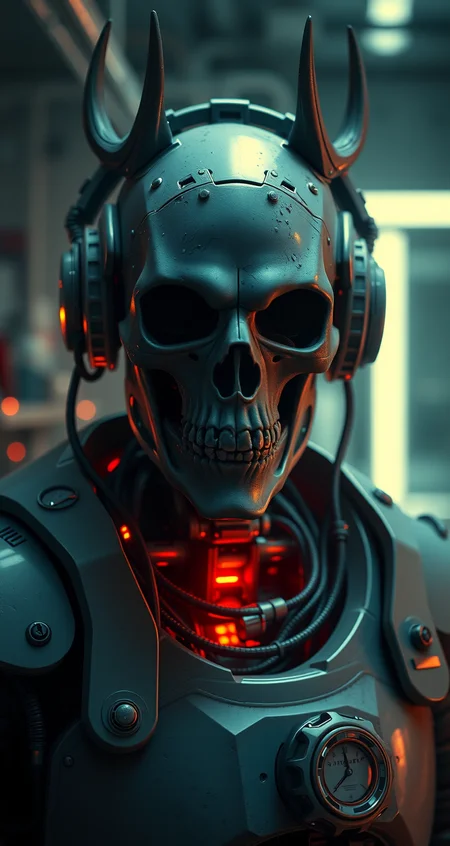 Cyberpunk, sci-fi, dark-fantasy, kodak portrait 400, 8k, soft light, volumetric lighting, highly detailed, britt marling style 3/4, portrait photo of a war man cyborg robot in a chemical laboratory + face, face is skullbone with scares, intricate, elegant, highly detailed, devil-armor, 2D motifs detailed dark fantasy digital painting, artstation, concept art, smooth, sharp focus, illustration, art by Otomo Katsuhiro and ShirA Masamune and Oshii Mamoru. Cosmic light in backfront