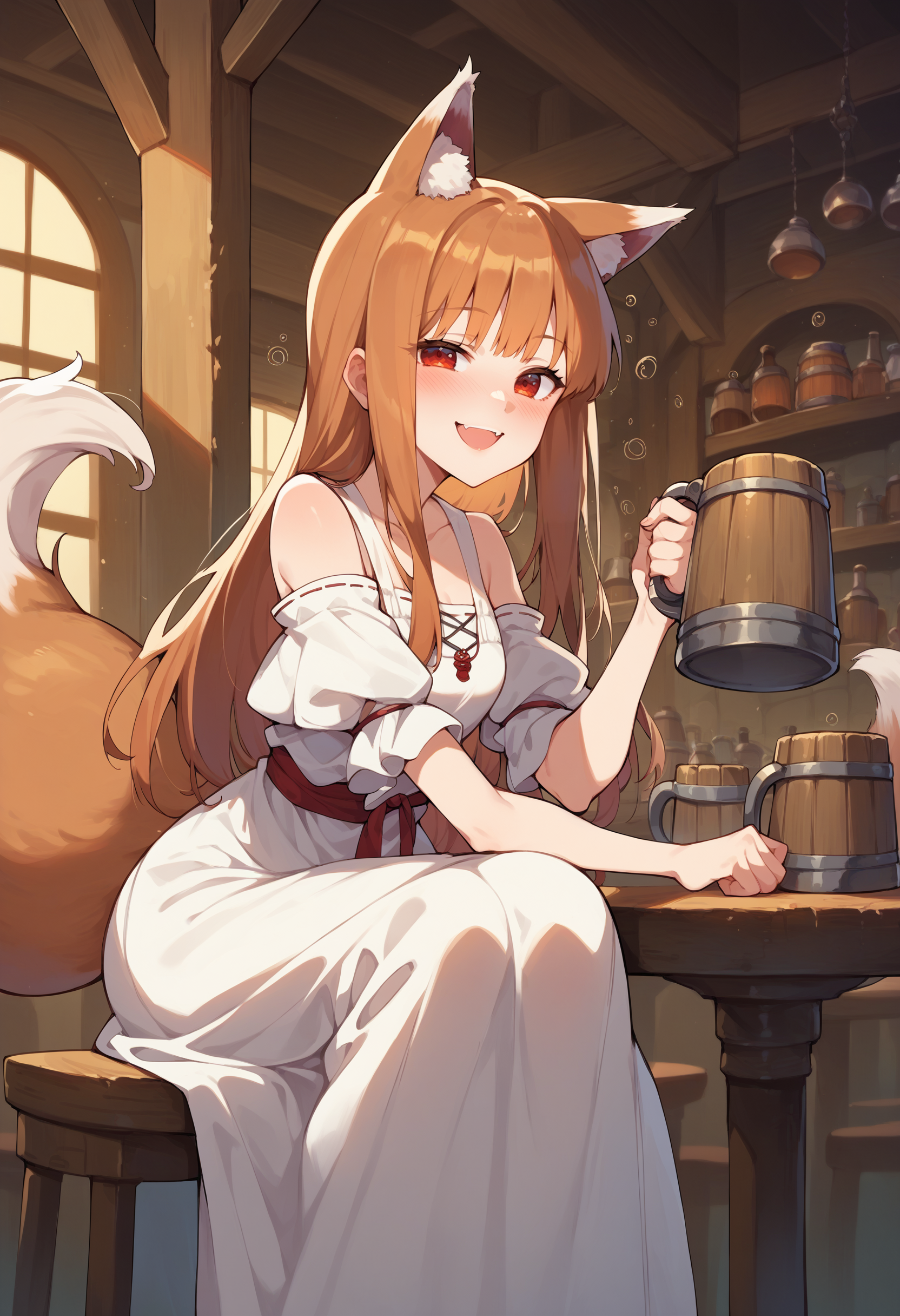 score_9, score_8_up, score_7_up, score_6_up, source anime,
1girl, holo, spice and wolf, fox girl, fox ears, fox tail, white dress, wide smile, tavern, sitting at table, holding a tankard, drunk  
, masterpeice, best quality, very aesthetic, absurdres