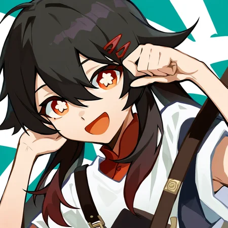 1boy,male focus,,short sleeves,:d,socks,black hair,shoulder bag,hair between eyes,hairclip,looking at viewer,detached sleeves,bangs,shirt,portrait,hu tao \(genshin impact\),<lora:xnh:1.2>, masterpiece, best quality, very aesthetic, absurdres