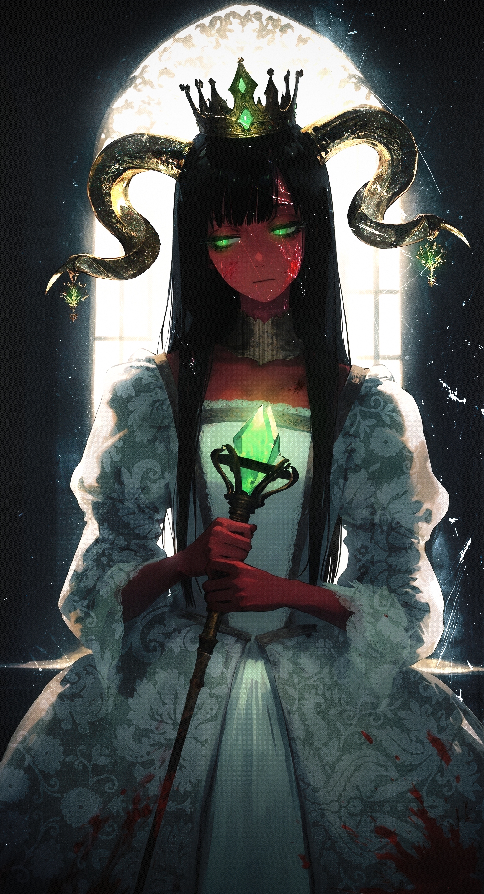 (by j.k.:1.1), by kukka, by keihh,  cinematic, photorealistic, straight-on, straight hair, long hair,
1girl,  holding scepter, princess, crown, expressionless,  half-closed eyes, thick eyelashes, long eyelashes, (head tilt:1.2), closed mouth, red skin, goat horns, slit pupils, green eyes,  backlighting,  (averting eyes:1.2), black hair, golden horn ornament, 
violent theme, blood splatter, blood on face, blood on clothes, white dress, 
indoors, black theme, dark theme, glowing theme, 
masterpiece, best quality, amazing quality, very aesthetic,
<lora:nhl-004:0.45> nhl-004, <lora:nhl-001-20:0.33> nhl-001,