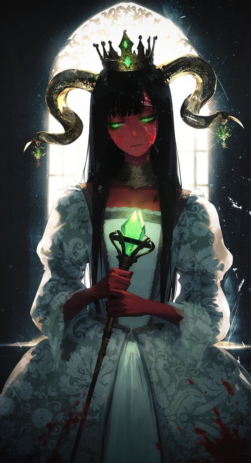 (by j.k.:1.1), by kukka, by keihh,  cinematic, photorealistic, straight-on, straight hair, long hair,
1girl,  holding scepter, princess, crown, expressionless,  half-closed eyes, thick eyelashes, long eyelashes, (head tilt:1.2), closed mouth, red skin, goat horns, slit pupils, green eyes,  backlighting,  (averting eyes:1.2), black hair, golden horn ornament, 
violent theme, blood splatter, blood on face, blood on clothes, white dress, 
indoors, black theme, dark theme, glowing theme, 
masterpiece, best quality, amazing quality, very aesthetic,
<lora:nhl-004:0.45> nhl-004, <lora:nhl-001-20:0.33> nhl-001,