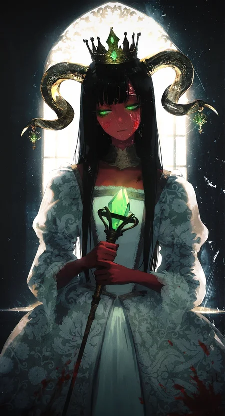 (by j.k.:1.1), by kukka, by keihh,  cinematic, photorealistic, straight-on, straight hair, long hair,
1girl,  holding scepter, princess, crown, expressionless,  half-closed eyes, thick eyelashes, long eyelashes, (head tilt:1.2), closed mouth, red skin, goat horns, slit pupils, green eyes,  backlighting,  (averting eyes:1.2), black hair, golden horn ornament, 
violent theme, blood splatter, blood on face, blood on clothes, white dress, 
indoors, black theme, dark theme, glowing theme, 
masterpiece, best quality, amazing quality, very aesthetic,
<lora:nhl-004:0.45> nhl-004, <lora:nhl-001-20:0.33> nhl-001,