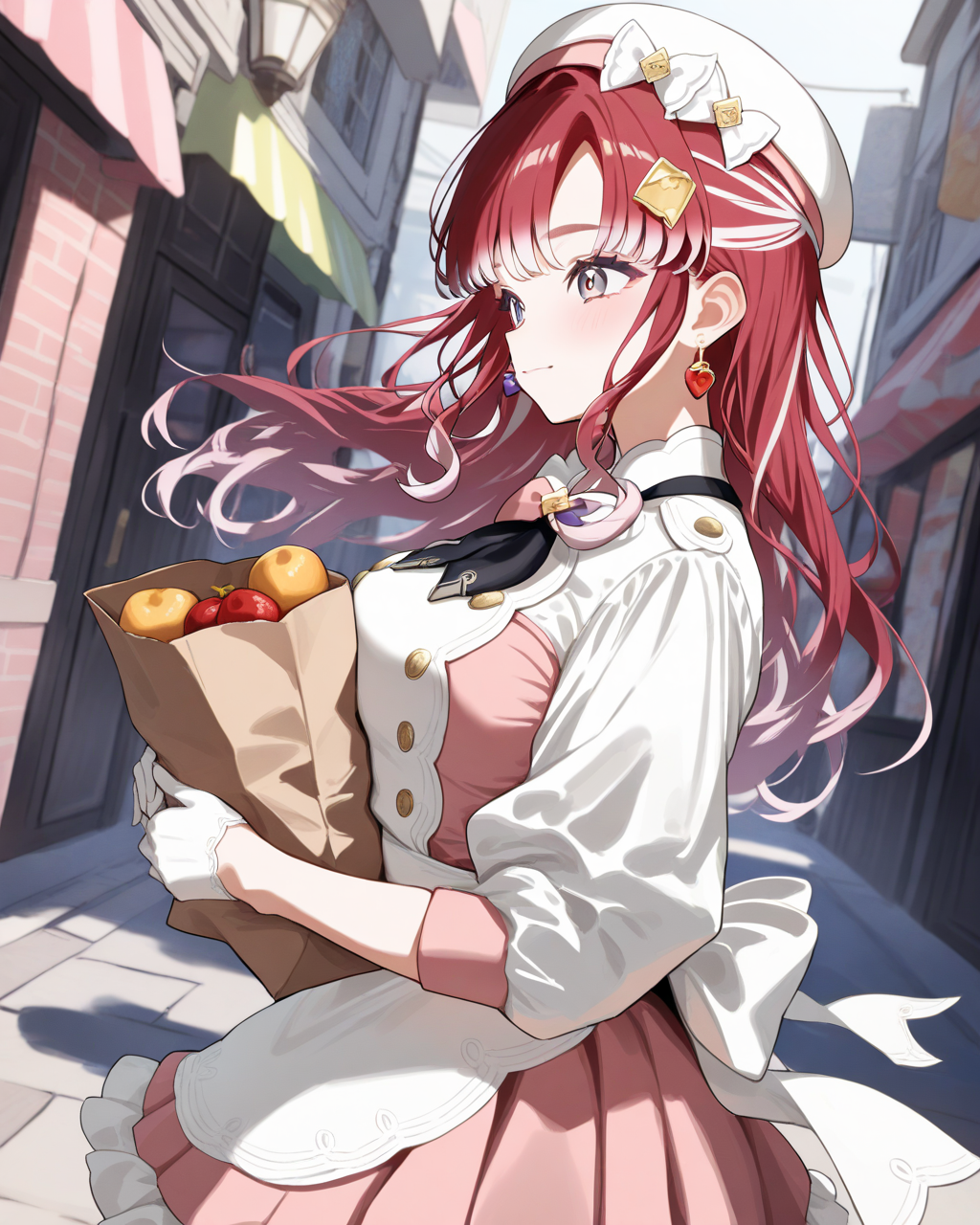 1girl,
SaotomeBerryNijisanji,
safe, solo, dutch angle, from side, upper body,
walking, paper bag,
white headwear,
hat bows,
earrings,
hair ornament,
white jacket, black neckerchief,bowtie,
double-breasted, large breasts,
pink dress, frilled dress,
puffy sleeves, white gloves,
white apron,
wind, street,
depth of field,
<lora:kp_SaotomeBerryNijisanji1stCostumeAnimagineXL_v1_1:1.0>,
masterpiece, high score, great score, absurdres