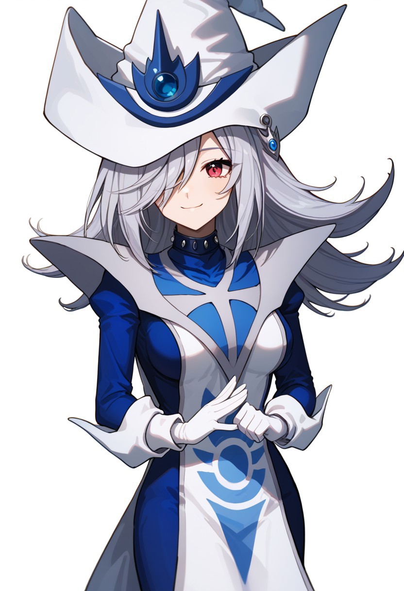 score_9, score_8_up, score_7_up, source_anime, good anatomy,1girl, solo, SilentMagicianOG, long hair, silver hair, swept bang, red eyes, medium breasts, SiMaClassic, white and blue tabard with silver trim, very long dress, blue dress, white gloves, puffy sleeves, white and blue hat, wizard hat, metal choker, hat over one eye, standing, smiling