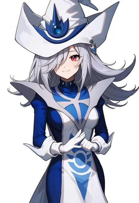 score_9, score_8_up, score_7_up, source_anime, good anatomy,1girl, solo, SilentMagicianOG, long hair, silver hair, swept bang, red eyes, medium breasts, SiMaClassic, white and blue tabard with silver trim, very long dress, blue dress, white gloves, puffy sleeves, white and blue hat, wizard hat, metal choker, hat over one eye, standing, smiling