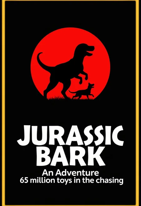 ((((Display the text "Jurassic Bark - An Adventure 65 million toys in the chasing, white letters)))). black background in which is a red circle. in the red circle is a silhouette of dog chasing a toy. text is half in red circle. text and circle is surrounded by yellow border
mvpstrCE style