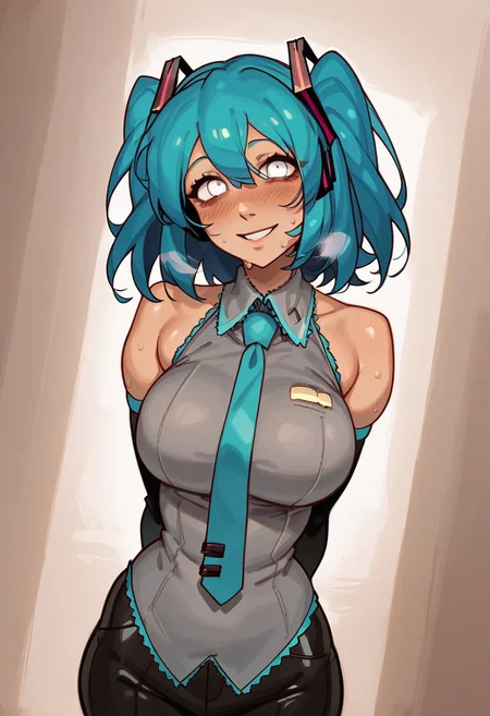 score_9, score_8_up, score_7_up, score_6_up, source_anime, rating_explicit, <lora:neg4all_bdsqlsz_V3.5:2.0>1girl, (solo:1.2), huge breasts, <lora:Lacey froLacey's gameponyxl:1> ((white eye color eyes)), dark circles, long eyelashes, dark blue hair, medium hair, bangs, two side up, blushing, wide hips, thick thighs, curvy, Narrow shoulders, sweat, heavy breathing, steaming body, room, indoor, looking at viewer, (dressed as Hatsune Miku), Miku cosplay, black miniskirt, standing, arched back,arching back, arms behind back, wide smile, happy expression, (from front view), dutch angle, portrait shot,