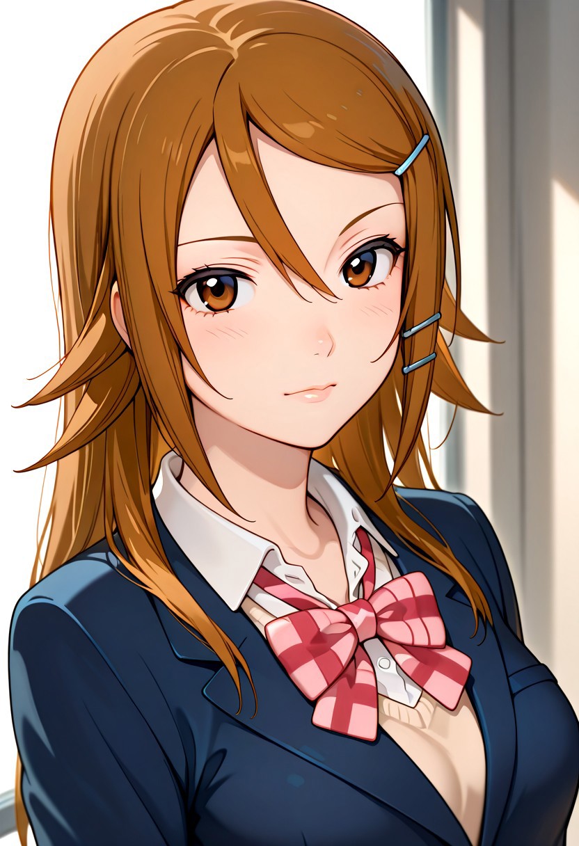 masterpiece,best quality,amazing quality, upper body, wide angle,1girl, solo,Shiznan,Shiz hairclip ,brown eyes, brown hair,hairclip,hair between eyes, posing in school , dramaic lighting