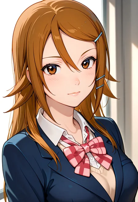 masterpiece,best quality,amazing quality, upper body, wide angle,1girl, solo,Shiznan,Shiz hairclip ,brown eyes, brown hair,hairclip,hair between eyes, posing in school , dramaic lighting