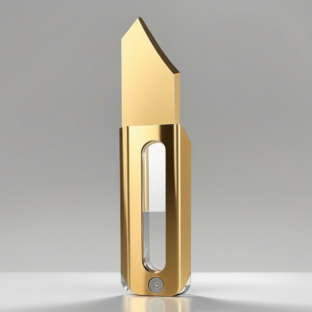 A photorealistic image of a golden knife elegantly displayed in a glass showcase. The knife should have a lustrous, golden blade and handle, reflecting the light in a way that emphasizes its high quality and craftsmanship. The showcase should have a tasteful design, perhaps with velvet lining or subtle lighting, to further enhance the knife's luxurious appearance. The glass of the showcase should be crystal clear, allowing for an unobstructed view of the knife ,<lora:Luobo_knife3:0.65>