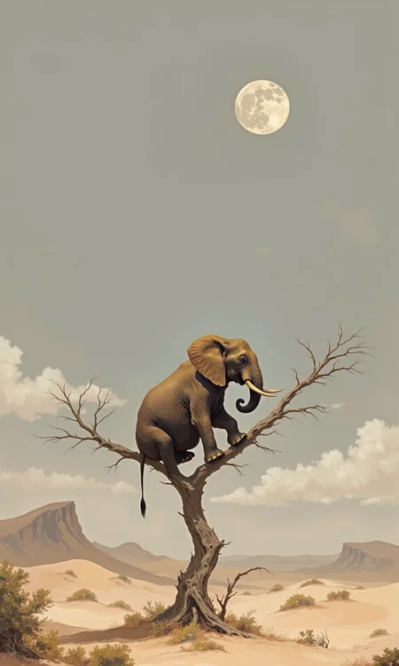 Full outdoor shot of an elephant sitting perched on a bare, skeletal tree branch that extends from the middle ground into the desert landscape. 
The elephant is centered in the image and is facing away from the viewer. Its large ears are prominent, and its body appears to be a light brownish-gray.
The tree, which the elephant is seated on, is bare with only some thin, dry branches and a light beige, almost white, trunk. 
The backdrop is a desert scene. The desert is mostly light tan and beige, with gentle sand dunes and low, sparse scrub-like vegetation. In the distance, light beige hills are visible, and the sky is a muted grayish-blue, with some wispy clouds. 
A full moon appears in the upper right quadrant of the image. The light suggests a late evening or early morning time setting.
<lora:FLUX-daubrez-DB4RZ-v2:1> DB4RZ, DB4RZ style painting