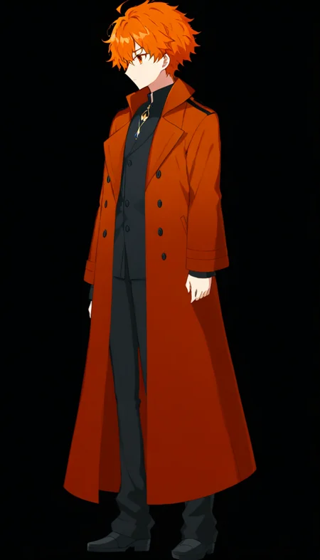 1boy, orange hair, orange eyes, short hair, messy hair, long coat, red coat, jewelry, serious, parted bangs,
fgo sprite, full body, standing
<lora:fgo_sprites_xl_lora-step00007000:1>