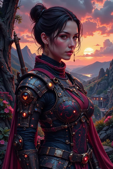 armory beautiful  landscape, evening, woman, very intricate, very detailed, sharp, bright, colorful, <lora:Hand v2:0.5> <lora:Anti-Blur:1><lora:Insane Detail Slider:0.25>  <lora:flux.1_lora_flyway_Epic-detail_v2:0.3> <lora:fluxenhancer:0.25> <lora:Neurocore Anime Cyberpunk v2.0:1> A digital artwork in the style of cknc <lora:abyss-neon:0.6> bo-neon