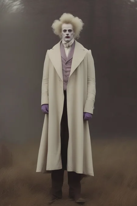<lora:Christopher Ryan McKenney Style:1>Christopher Ryan McKenney Style - Full body portrait of an Edwardian clown with a white painted face wearing a long lavender overcoat with big lapels
