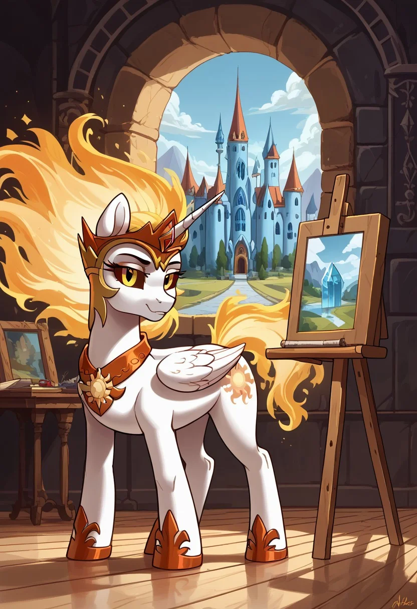 score_9, score_8_up, score_7_up, score_6_up, score_5_up, score_4_up, The dark side of Celestia, Daybreaker, alicorn pony, g5, rich colors, crystal castle, Crystal Empire, crystal heart in the center of the square, presents a painting of rabbits and pony, aroused, front view, detailed background, pony, solo, detailed, 8k quality, side view, beautiful, teasing, easel and brushes, leaned to the floor, free actions,