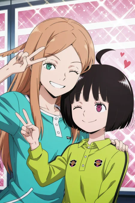 detailed background,  posing,
<lora:worldtrigger.il:1>,
worldtrigger,
2girls, 
chika, konami, 
casual fashion, 
one eye closed, peace, smile, 
upper body, size difference, 
heart, bloom, glitter, sparkle,