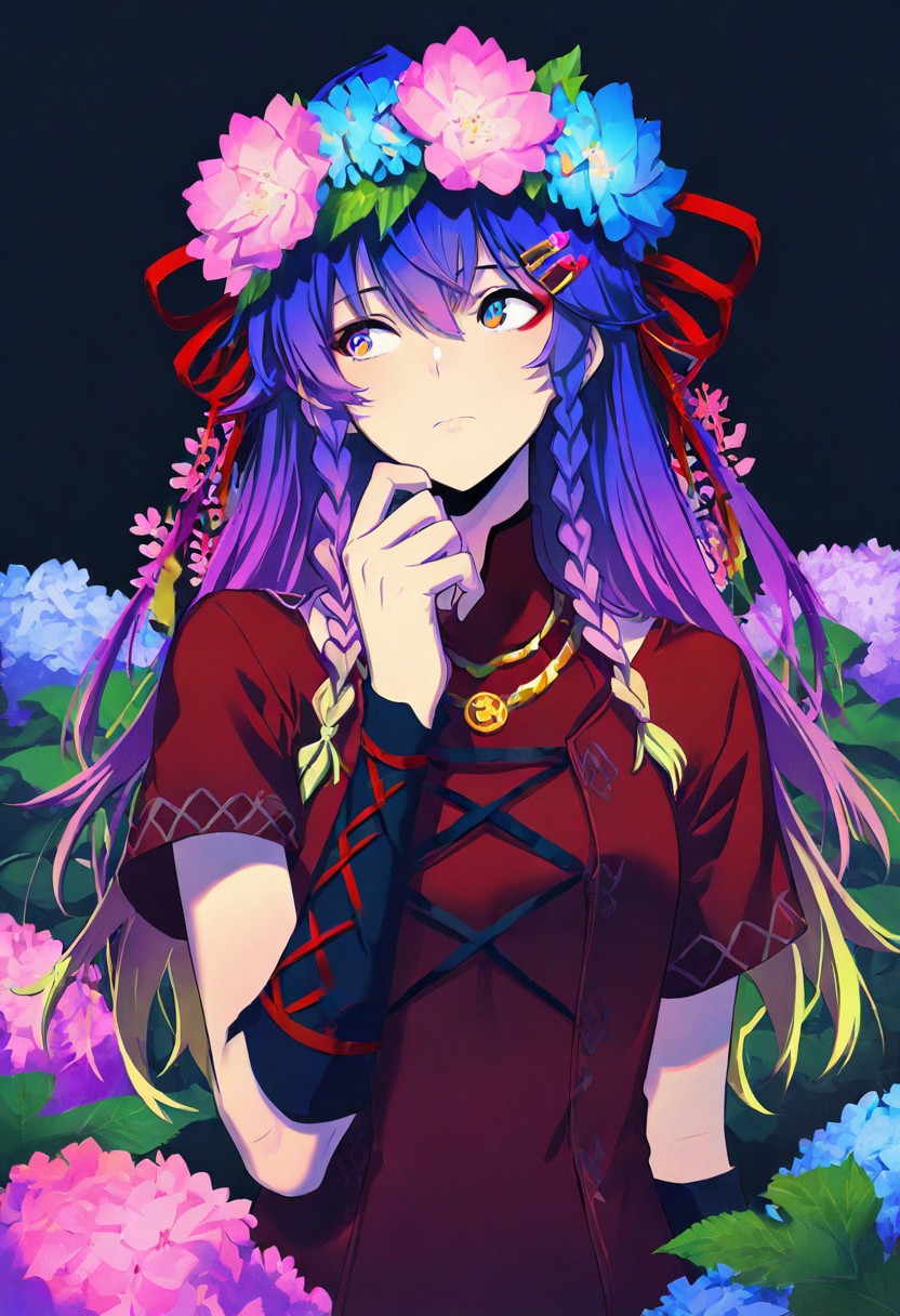 masterpiece, best quality, amazing quality, 1girl, solo, long hair, blue eyes, hair ornament, ribbon, closed mouth, jewelry, upper body, braid, hair ribbon, purple hair, flower, multicolored hair, short sleeves, hairclip, hand up, hair flower, necklace, red ribbon, looking to the side, gradient hair, leaf, side braid, pink flower, blue flower, multicolored eyes, arm warmers, cross-laced clothes, head wreath, hydrangea, multiple braids, cross-laced sleeves, mult1c0l0r3d, colorful, multicolored,
sololvl_style,
BV-Illu <lora:noobai_ep11_stabilizer_v0.138_fp16:0.3> <lora:BV_Style_Illu_Edition:0.8> <lora:Multicolor_Buns:0.5> <lora:SH_Sololvl_Style_v218:0.7>